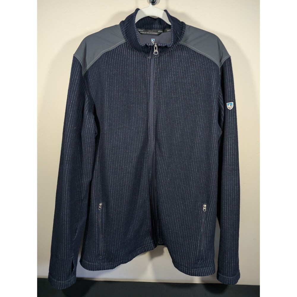 KUHL Chianti Fleece Full Zip Jacket Men's XL Navy Pinstripe Wool Blend READ